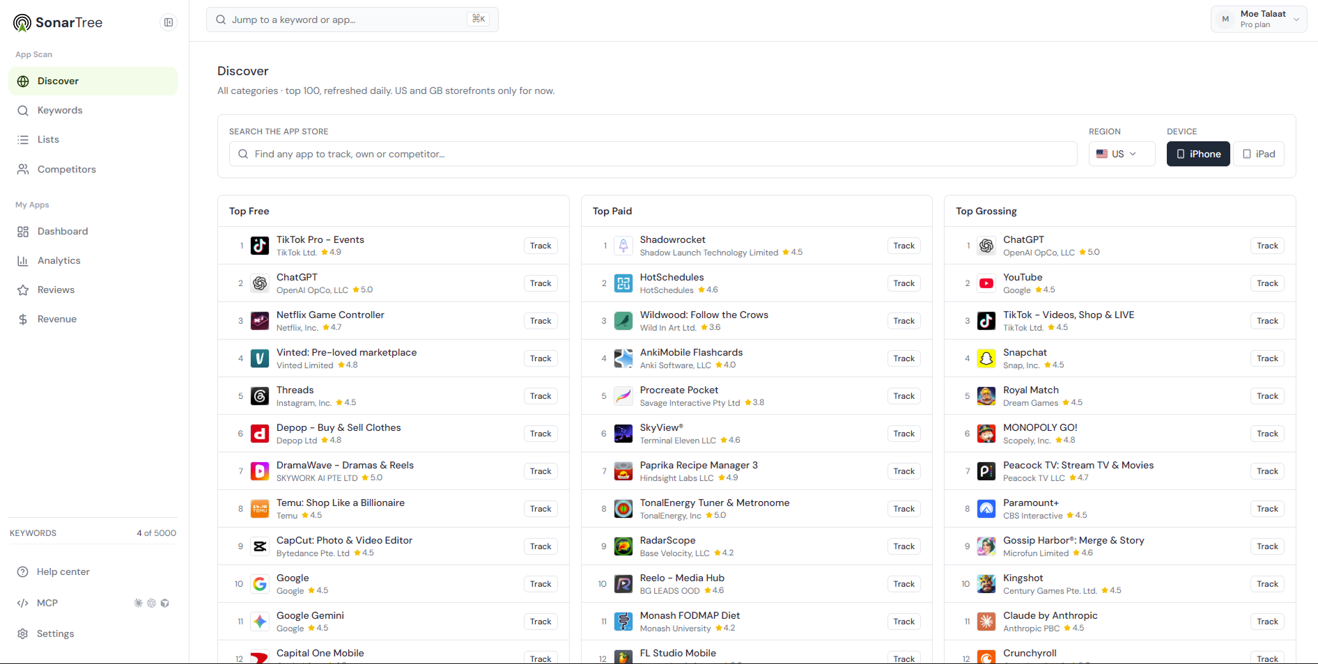 The SonarTree Discover screen, showing the top free, top paid and top grossing charts for the US App Store